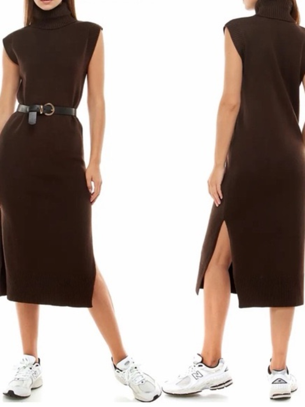 WAYF Sleeveless Turtleneck Knit Midi Dress in Espresso